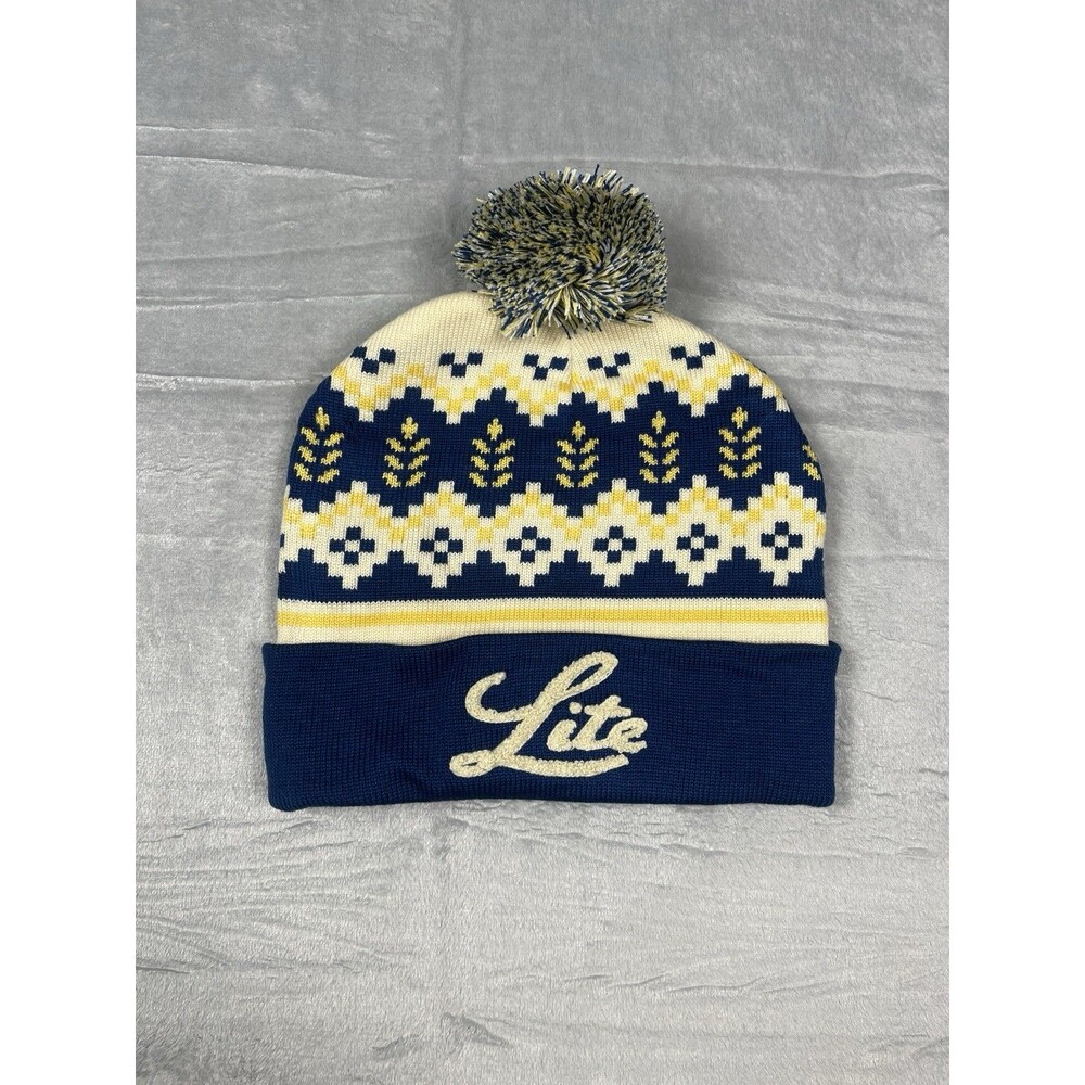 Miller Lite Pom Beanie Knit Cuff Hat Navy Cream Gold Fair Isle Wheat Beer Winter